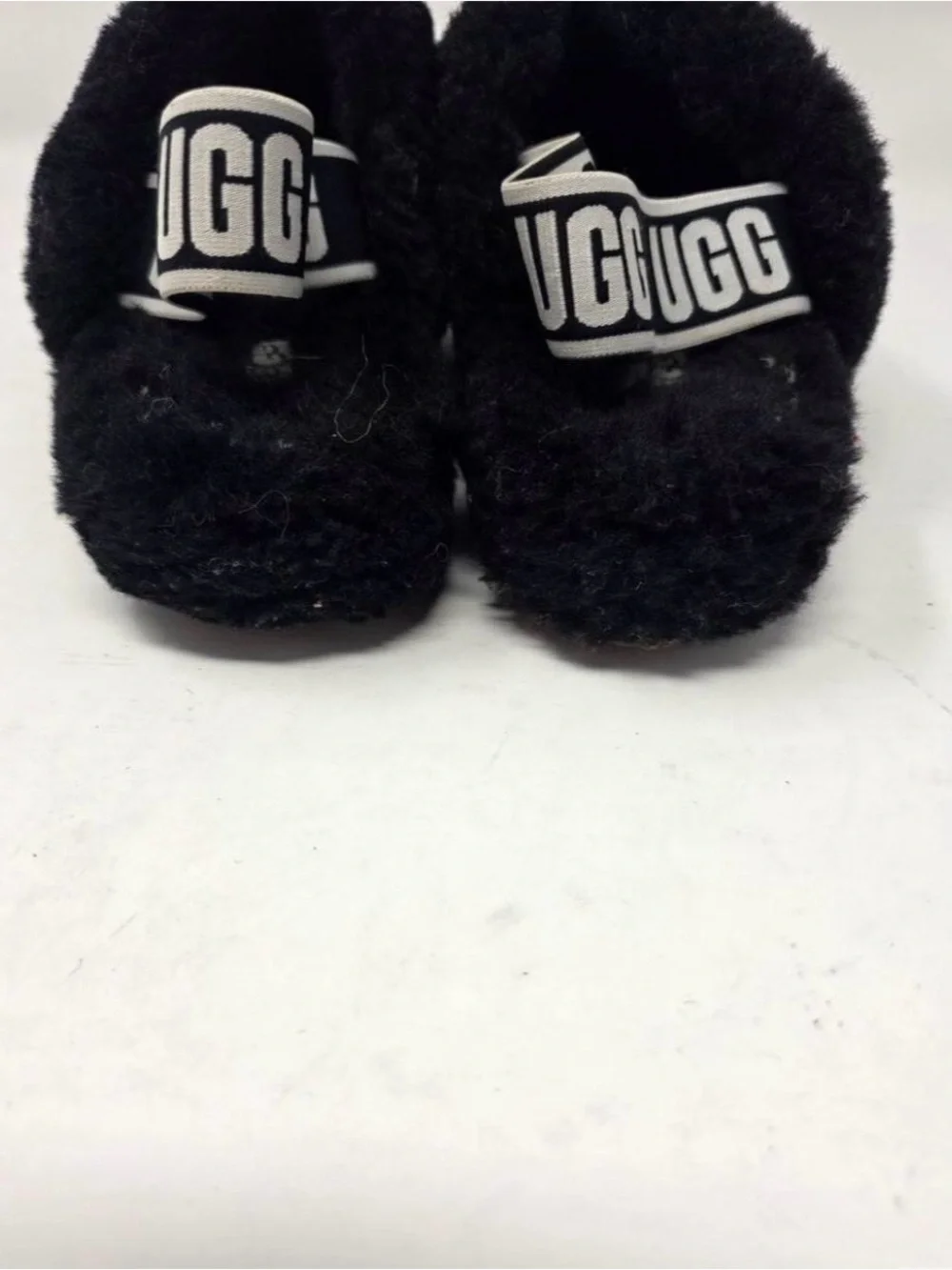 UGG Kids Black Fuzzy Slippers with Branded Strap